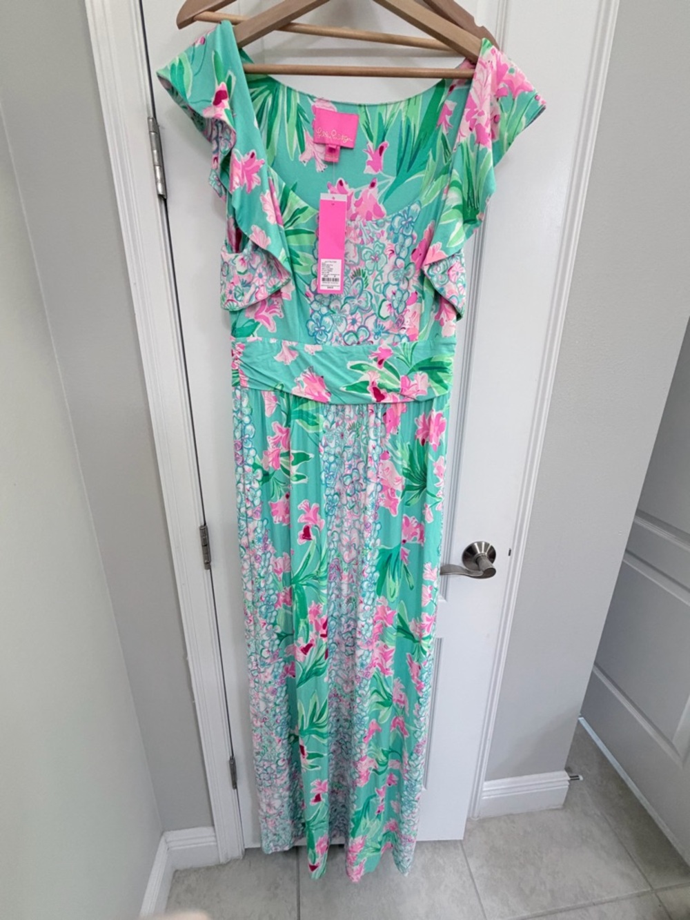 Lilly Pulitzer Mint Green Floral Maxi Dress with Pink Accents